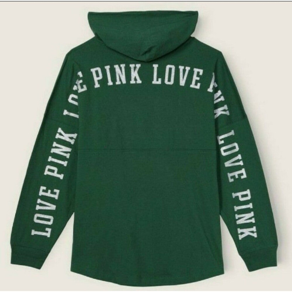 VS PINK PULLOVER VARSITY HOODED TEE GREEN XL